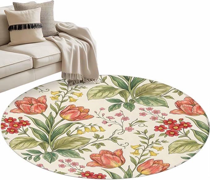 Washable Round Area Rug Vintage Tulips Red Daisies Circle Rugs Floor Carpet for Living Room Bedroom, Yellow Blooms Floral Pattern Soft Non Slip Round Rug 4ft