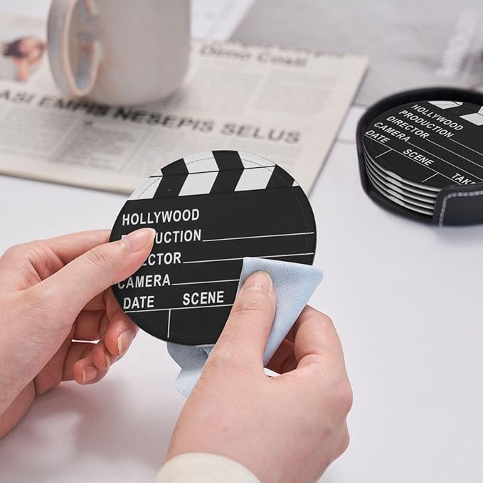 Movie Cinema Lapper Board Leather Drinks Coasters with Holder, Set of 6, Suitable for Various Cups
