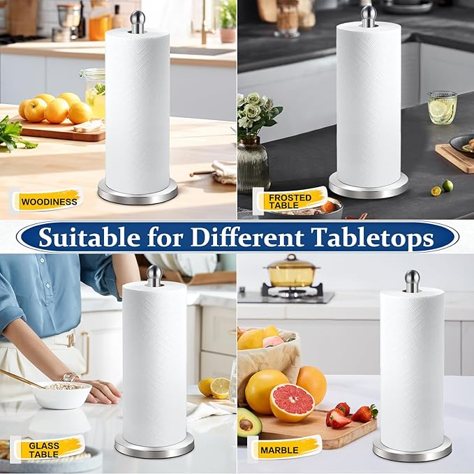 DAWNER Paper Towel Holder Freestanding, Weighted Base with Suction Cups, Easy One-Handed Tear Stainless Steel Brushed Nickel Paper Towel Stand for Kitchen Bathroom Countertop