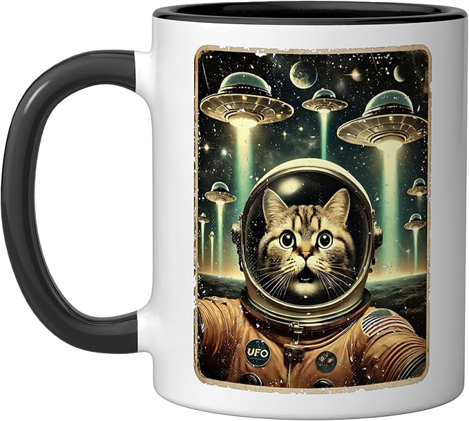 Space Cat Astronaut Funny UFO Sci-fi Alien Selfie Ceramic Mug, Black/White