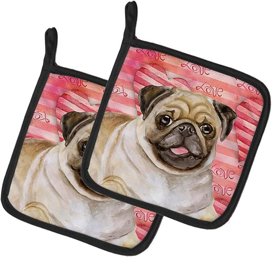 Caroline's Treasures BB9805PTHD Fawn Pug Love Pair of Pot Holders, Red Kitchen Heat Resistant Pot Holders Sets Oven Hot Pads for Cooking Baking BBQ, 7 1/2 x 7 1/2