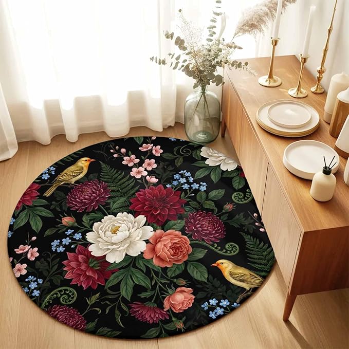 Washable Round Area Rug Pastoral Colorful Flower Leaf Circle Rugs Floor Carpet for Living Room Bedroom, Country Blossom Floral Bird Soft Non Slip Round Rug 5ft