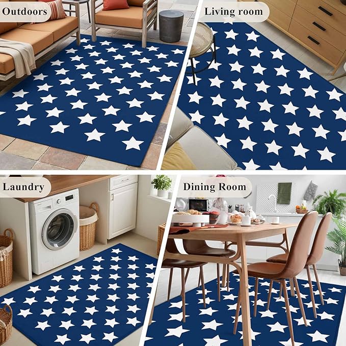Area Rug 3x5ft, 4th of July White Star on Navy Blue Washable Rugs for Living Room Bedroom, Independence Freedom Liberty Soft Non-Slip Area Rugs Rectangle Floor Carpet for Dining Room