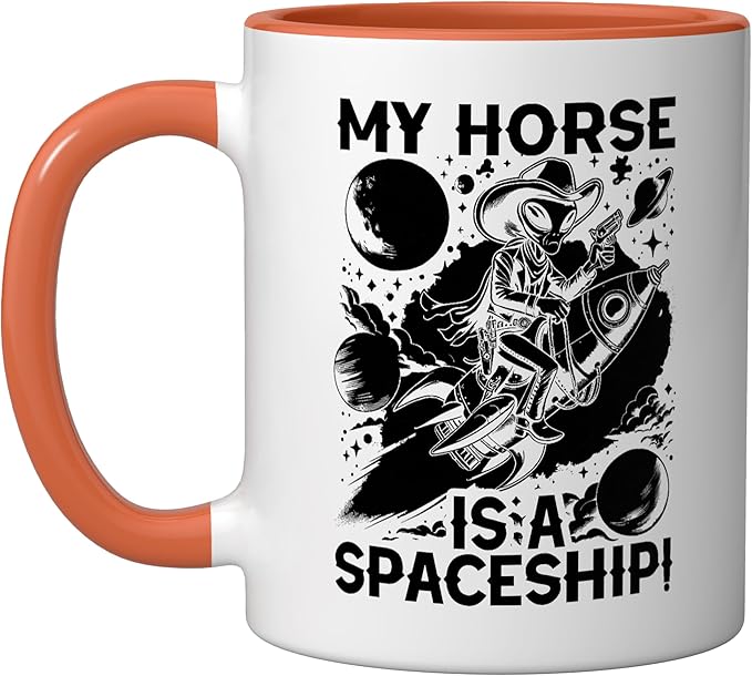 Alien Lover Flying Saucer UFO Extraterrestrial Cowboy Ceramic Mug, Orange/White