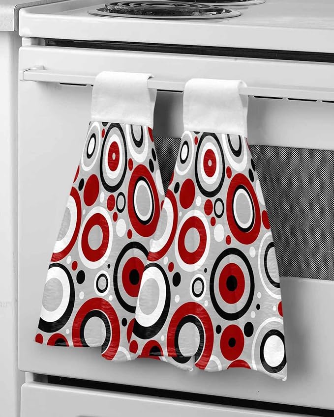 Alandar Home Kitchen Tie Towel Set of 1, Red White Black Circle on Gray Absorbent Soft Hand Towels for Bathroom Hanging Towels, Modern Geometric Art Fast Drying Cleaning Cloth with Loop