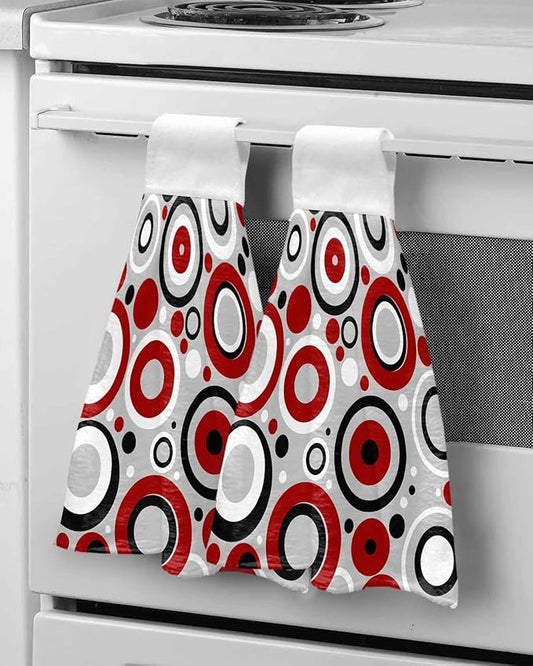 Alandar Home Kitchen Tie Towel Set of 2, Red White Black Circle on Gray Absorbent Soft Hand Towels for Bathroom Hanging Towels, Modern Geometric Art Fast Drying Cleaning Cloth with Loop