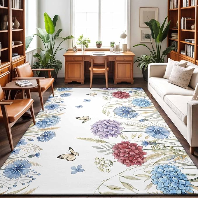 Area Rug 4x6ft, Watercolor Hydrangea Flower Washable Rugs for Living Room Bedroom, Garden Floral Butterfly Leaves Soft Non-Slip Area Rugs Rectangle Floor Carpet for Dining Room