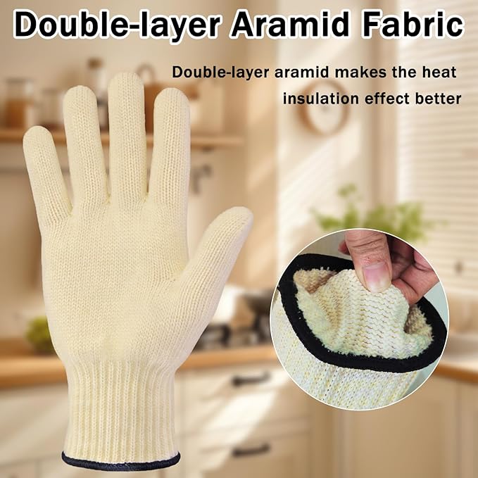Double Layer Aramid Oven Gloves for Cooking, Baking & Grilling - 932°F Heat Resistant Flame Retardant Oven Mitts Gloves with Fingers for Home Chefs and Professionals