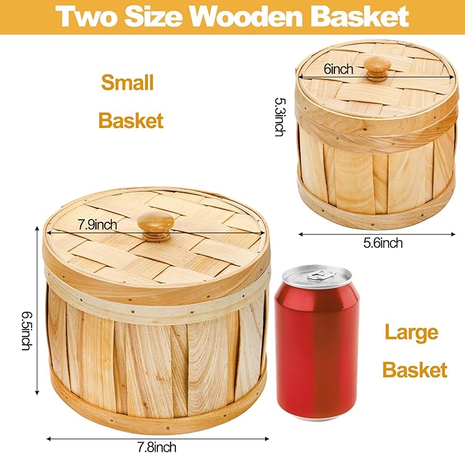 Lawei Set of 2 Round Woven Storage Baskets with Lids, Natural Woodchip Decorative Storage Fruit Buckets, Dust-Proof Kitchen Snack Organizer & Home Decor Storage Bins for Shelf, Home, Office