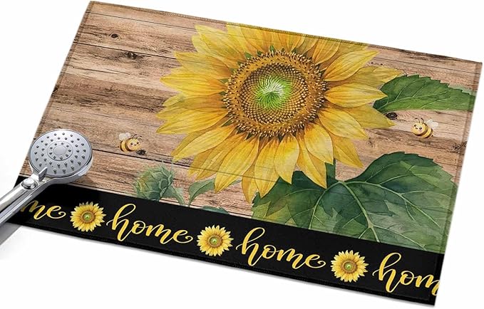 Area Rug 2x3ft, Summer Sunflowers Bees Washable Rugs for Living Room Bedroom, Farmhouse Wood Background Soft Non-Slip Area Rugs Rectangle Floor Carpet for Dining Room