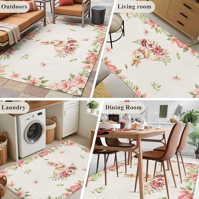 Area Rug 4x6ft, Retro Easter Rabbit on Linen Washable Rugs for Living Room Bedroom, Spring Pastoral Pink Flower Leaf Soft Non-Slip Area Rugs Rectangle Floor Carpet for Dining Room