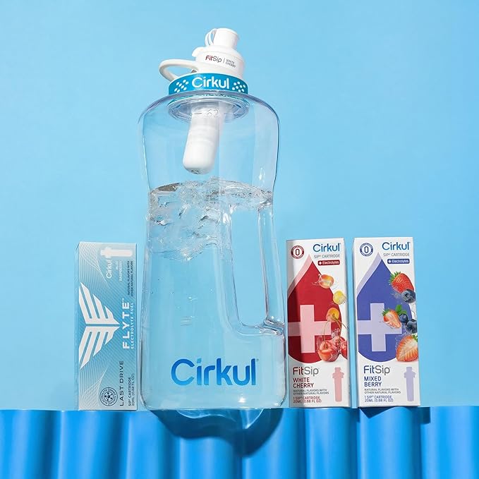 Cirkul 62oz Plastic Half Gallon Water Bottle with Handle - Large Reusable Gym Water Bottle & Leak Proof Lid - 3 Electrolyte Flavor Cartridges Included (FitSip Mixed Berry, FitSip White Cherry, Flyte Last Drive)