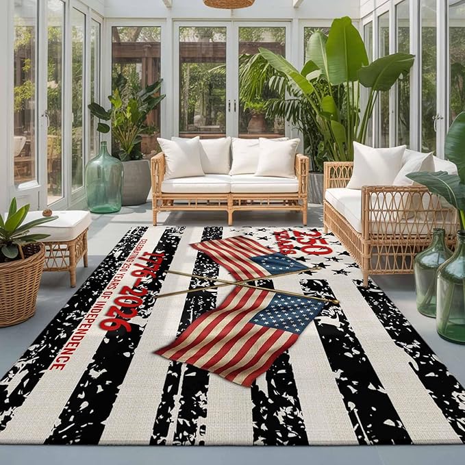 Area Rug 3x5ft, Independence Day 250th Anniversary Washable Rugs for Living Room Bedroom, Retro USA Flags Soft Non-Slip Area Rugs Rectangle Floor Carpet for Dining Room