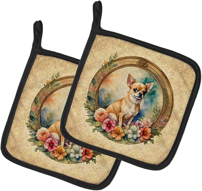 Caroline's Treasures Chihuahua and Flowers Pair of Pot Holders Kitchen Heat Resistant Pot Holders Sets Oven Hot Pads for Cooking Baking BBQ, 7 1/2 x 7 1/2