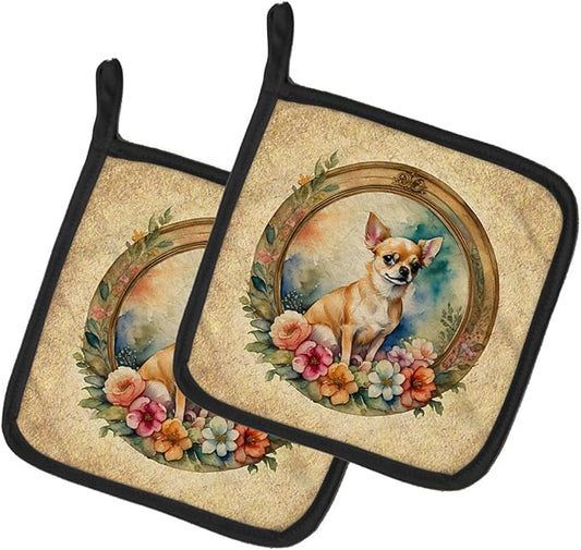 Caroline's Treasures Chihuahua and Flowers Pair of Pot Holders Kitchen Heat Resistant Pot Holders Sets Oven Hot Pads for Cooking Baking BBQ, 7 1/2 x 7 1/2