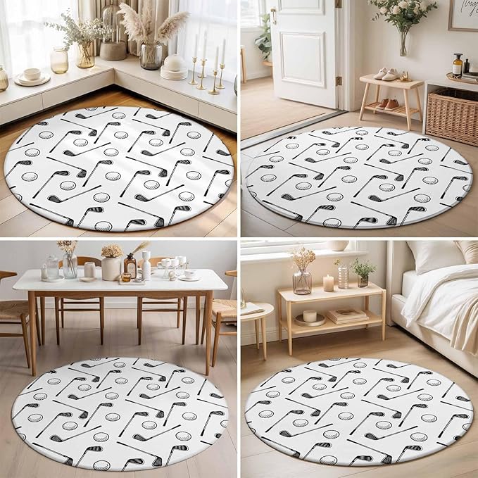 Washable Round Area Rug Golf Club Ball Seamless Pattern Circle Rugs Floor Carpet for Living Room Bedroom, Modern Minimalist Art Soft Non Slip Round Rug 3ft