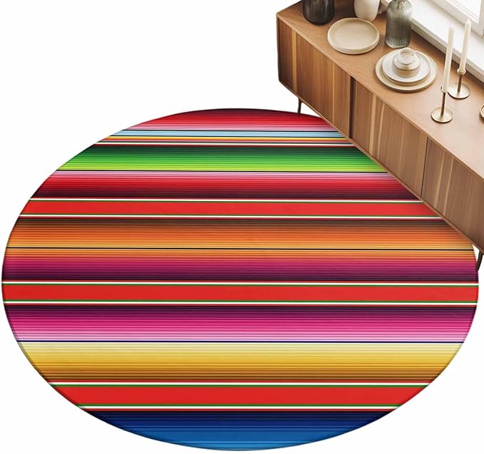 Washable Round Area Rug Mexican Stripes Vintage Boho Circle Rugs Floor Carpet for Living Room Bedroom, Native American Stripe Soft Non Slip Round Rug 3ft