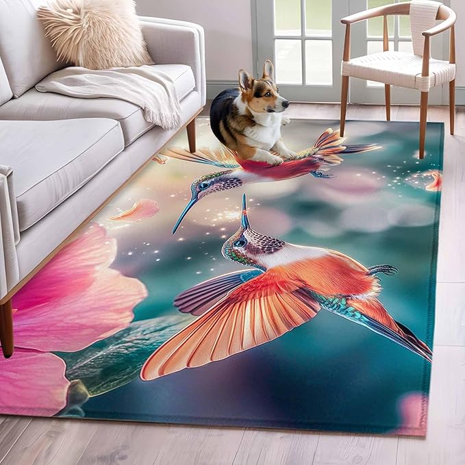 Area Rug 4x6ft, Spring Hummingbird Pink Petals Flowers Washable Rugs for Living Room Bedroom, Dreamlike Animal Focus Scenery Soft Non-Slip Area Rugs Rectangle Floor Carpet for Dining Room