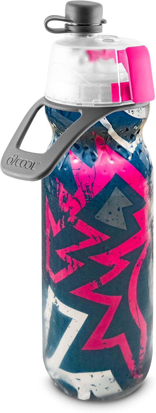 O2COOL Mist 'N Sip Misting Water Bottle 2-in-1 Mist And Sip Function With No Leak Pull Top Spout Reusable Sports Water Bottle - 20 oz (Graffiti Pink)