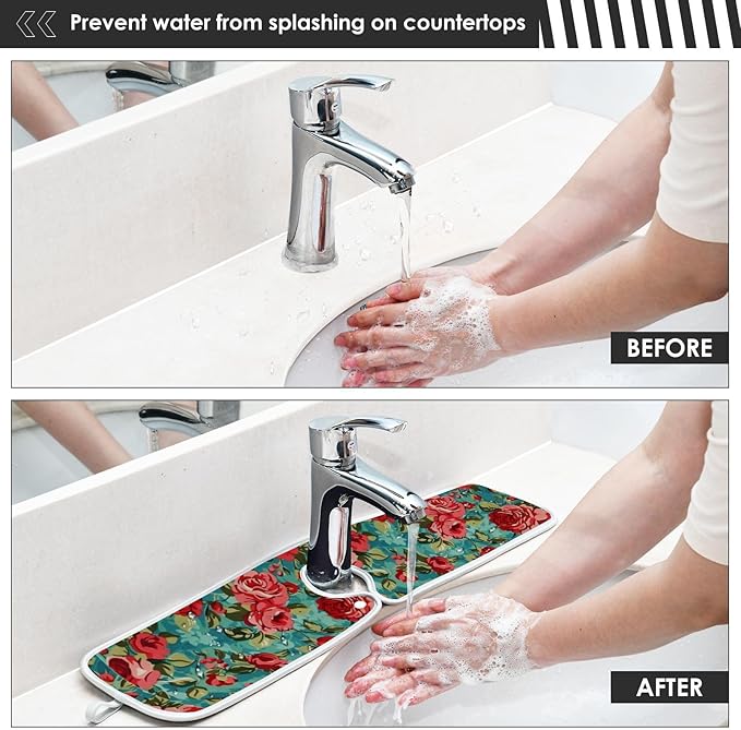 Kitchen Faucet Absorbent Mat, Rose Water Splash Guard for Sink, Faucet Drip Catcher Thicken Sponge Microfiber Faucet Water Catcher Mat Sink Absorbent Mat for Kitchen 14x5in 2Pack