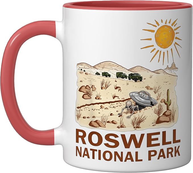 Roswell National Park UFO Flying Saucer Crash 1947 UAP Alien Ceramic Mug, Red/White