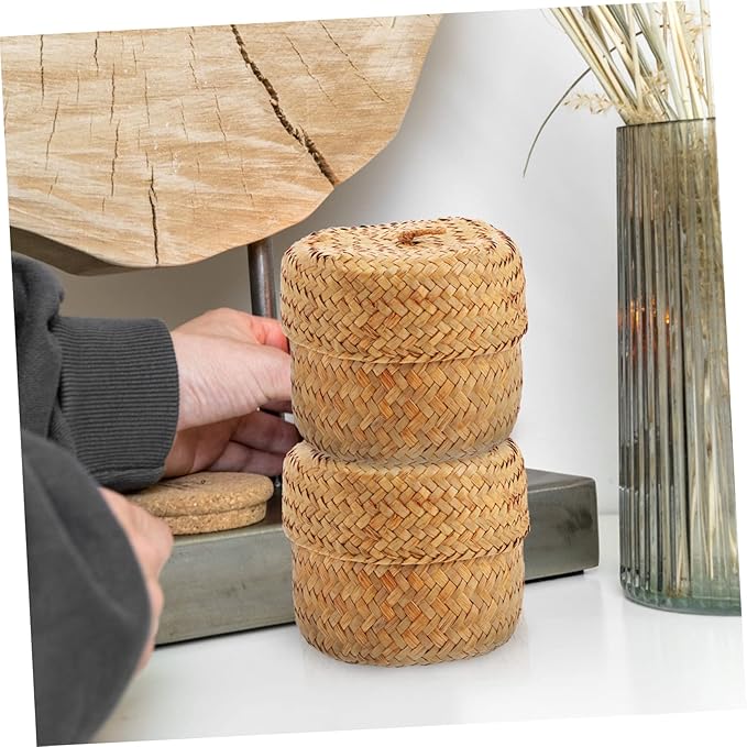 Mini Handmade Woven Flower Basket Box with Lid Seagrass Decorative Storage Basket for Home Decor and Organizing Essentials