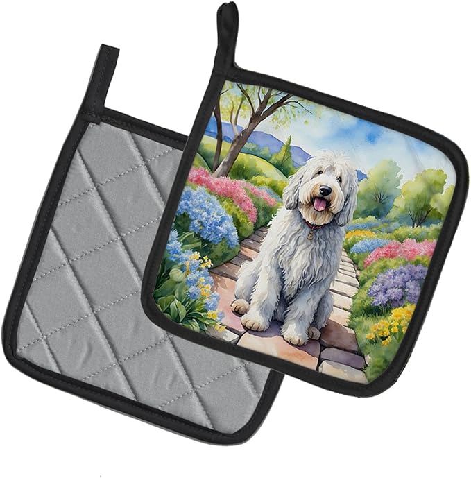Caroline's Treasures Komondor Spring Path Pair of Pot Holders Kitchen Heat Resistant Pot Holders Sets Oven Hot Pads for Cooking Baking BBQ, 7 1/2 x 7 1/2