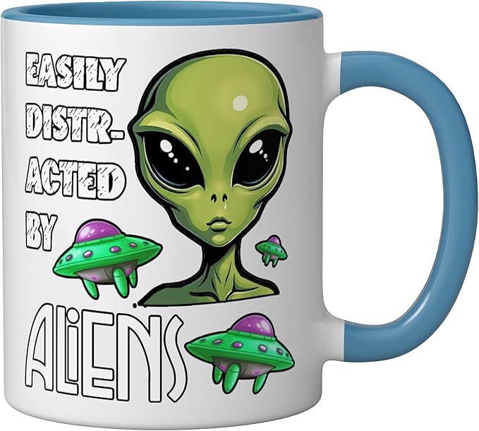 Easily Distracted By Aliens Funny Sci Fi Apparel Design Ceramic Mug, Blue/White