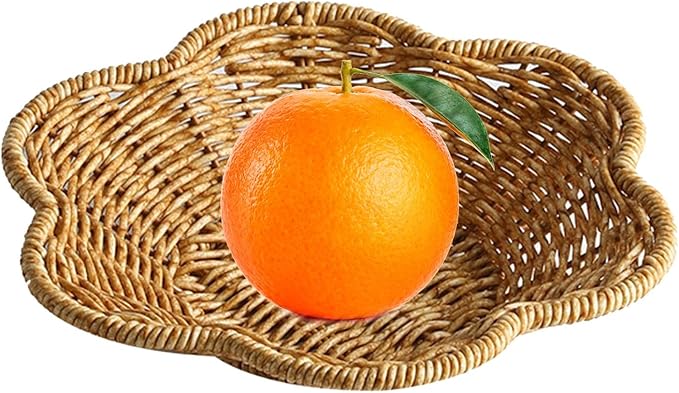 Generic Wicker Round Basket, Scalloped Serving Tray, Oval, Natural, Polypropylene, for Coffee Table Organizing