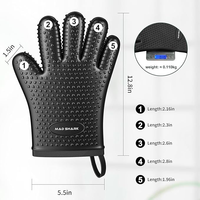 MAD SHARK Silicone Oven Mitts Heat Resistant 450°F,Waterproof & Non-Slip Oven Gloves with Fingers,Cotton Lined Silicone Oven Gloves Kitchen Mitts for Baking Cooking Barbecue,Women,Oven(Black)
