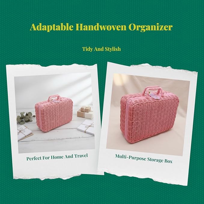 Woven Suitcase Imitation Rattan Storage Basket Gift Box Rustic Picnic Suitcase Handwoven Storage Case for Travelling Bathroom, Pink M