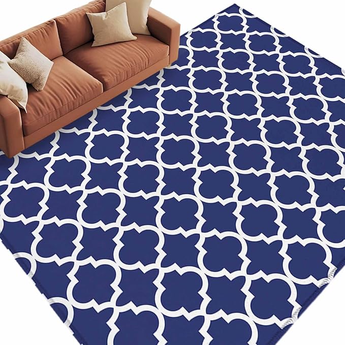 Area Rug 6x9ft, Navy Blue Moroccan Plaid Washable Rugs for Living Room Bedroom, White Line Buffalo Lattice Soft Non-Slip Area Rugs Rectangle Floor Carpet for Dining Room