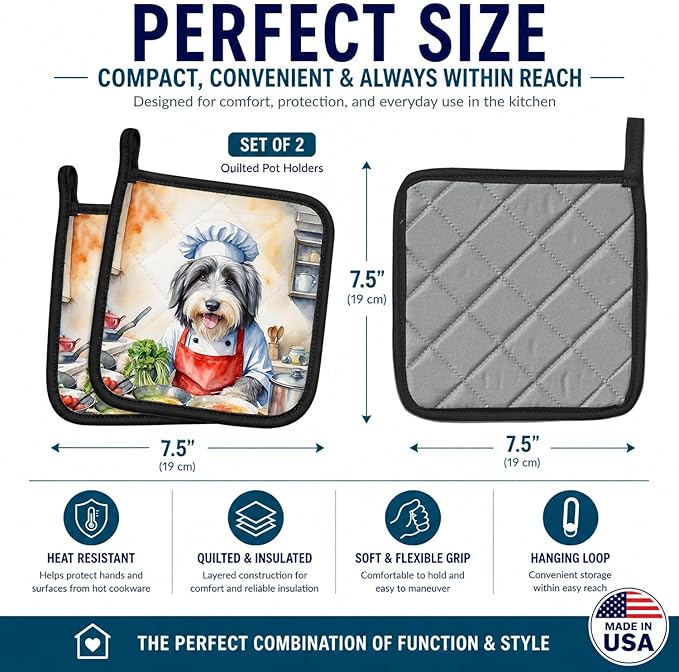Caroline's Treasures Bearded Collie The Chef Pair of Pot Holders Kitchen Heat Resistant Pot Holders Sets Oven Hot Pads for Cooking Baking BBQ, 7 1/2 x 7 1/2