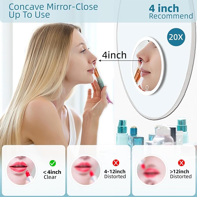 20X Magnifying Mirror with Lights, 20X Magnified Mirror with 3-Color Light Adjustable Brightness, 6inch Travel Magnification with 3 Suction Cups - Includes Tweezers & Scissors Set