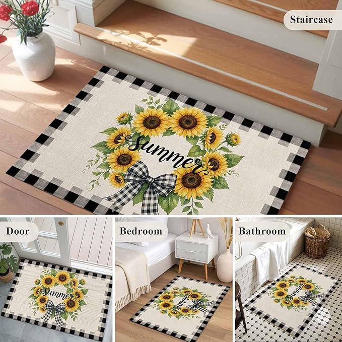 Area Rug 2x3ft, Summer Words Farm Sunflowers Washable Rugs for Living Room Bedroom, Butterflies Country Floral Soft Non-Slip Area Rugs Rectangle Floor Carpet for Dining Room