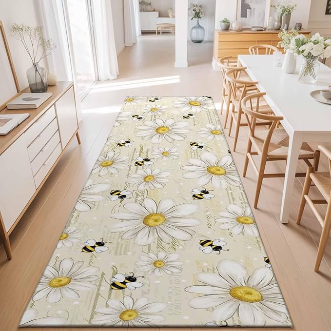 Runner Rug for Bedroom Hallway, Retro Watercolor White Floral Bee Kitchen Runner Rugs Area Rug 2x6ft, Summer Daisy Letter Texture Washable Soft Floor Carpet for Entryway Stair