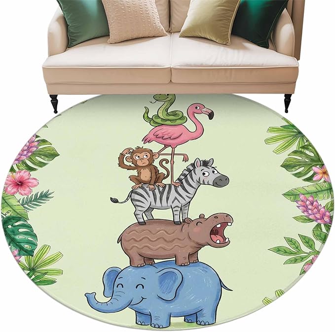 Washable Round Area Rug Funny Elephant Zebra Flamingo Circle Rugs Floor Carpet for Living Room Bedroom, Tropical Leaves Floral Soft Non Slip Round Rug 5ft