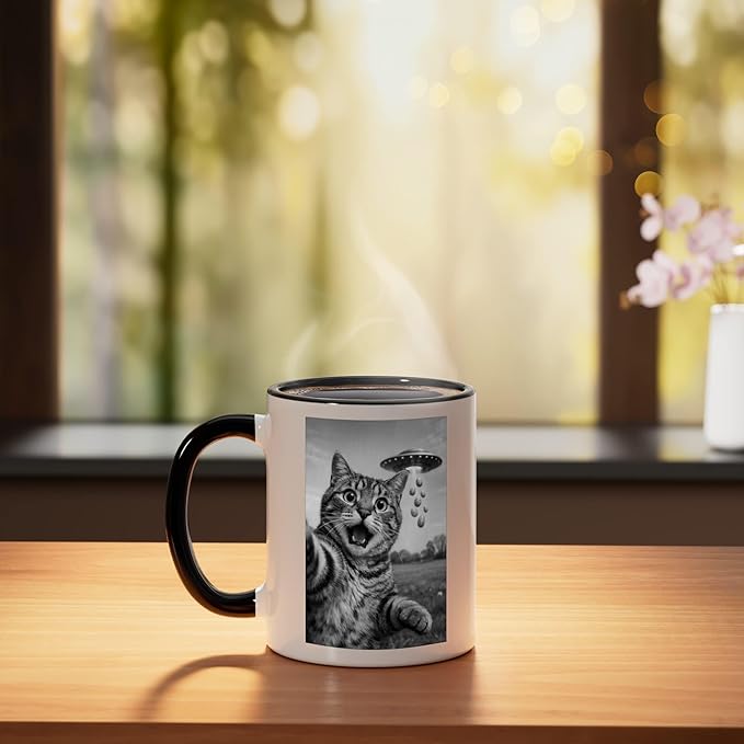 Funny Cat Selfie Easter Eggs Alien UFO Abduction Men Women Ceramic Mug, Black/White