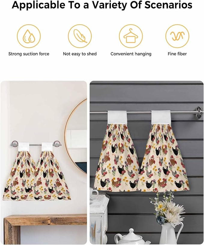 Alandar Home Kitchen Tie Towel Set of 1, Farm Chicken Colorful Poppy Absorbent Soft Hand Towels for Bathroom Hanging Towels, Spring Floral on Beige Fast Drying Cleaning Cloth with Loop