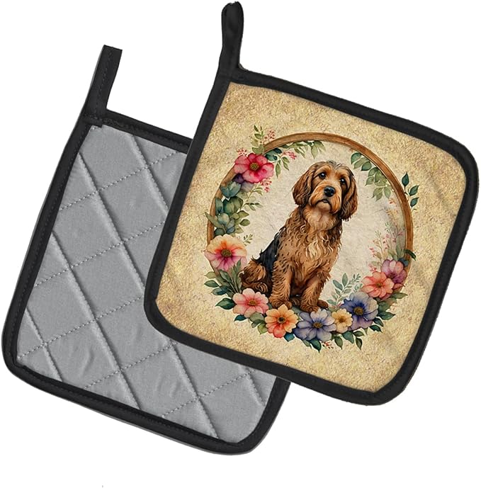 Caroline's Treasures Otterhound and Flowers Pair of Pot Holders Kitchen Heat Resistant Pot Holders Sets Oven Hot Pads for Cooking Baking BBQ, 7 1/2 x 7 1/2