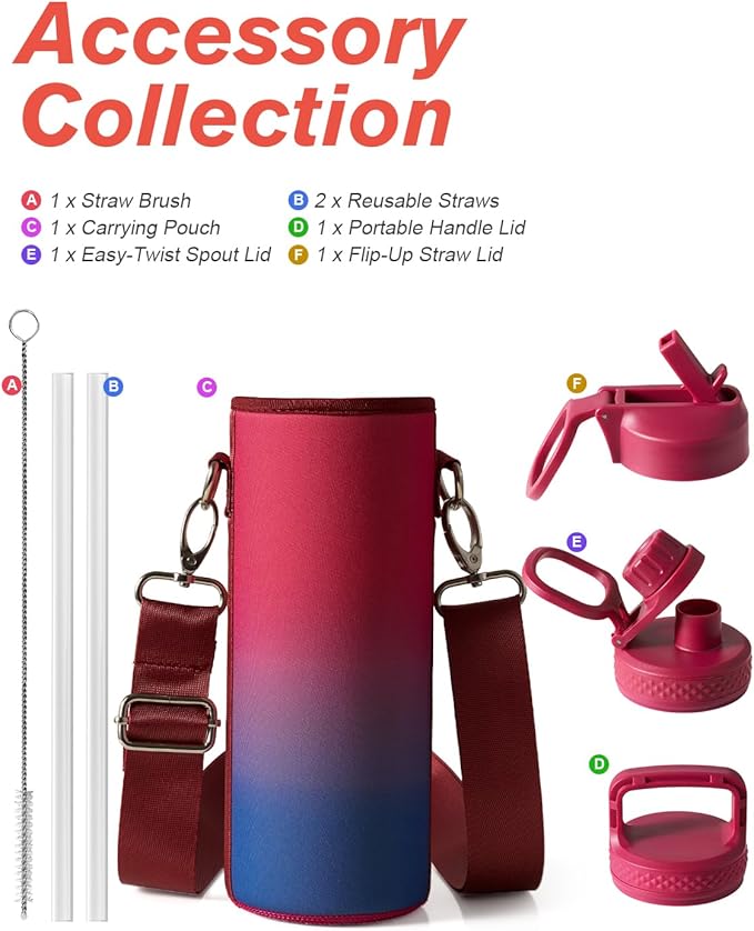 Coolflask Water Bottle 24 oz Insulated with Straw, Stainless Steel Metal 3 Lids Water Flask Wide Mouth for Sports or Office, Non-BPA Keep Cold Up to 48 Hrs or Hot Up to 24 Hrs, Ombre Wine/Navy