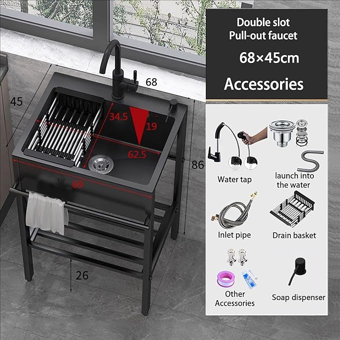 Commercial Kitchen Sink,Black Laundry Room Sink,Stainless Steel Stand Alone,Set with Drain Basket, Hot and Cold Tap,Adjustable Leg Height,for Restaurant,Room,Backyard,Garage