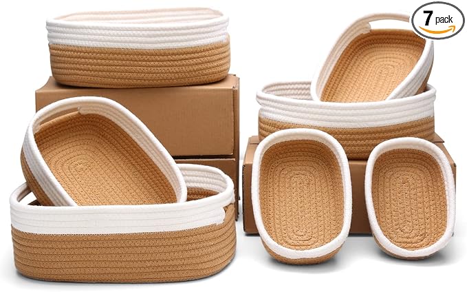 7 Piece Cotton Rope Woven Basket Set - Small Basket for Baby Nursery, Pets, Montessori, Dog & Cat Toy Boxes, Bathroom Organization Bins (White/Jute)