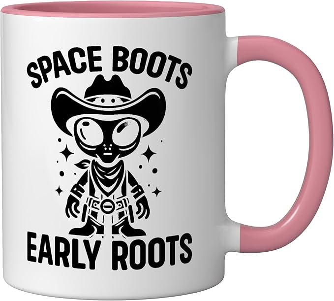 Alien Lover Flying Saucer UFO Extraterrestrial Cowboy Ceramic Mug, Pink/White