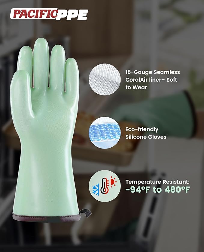 PACIFIC PPE Heat Resistant Oven Gloves, Food Grade Safety Gloves with Thickened Waterproof Silicone Coating for Cooking, Grilling, Baking, Smoker, Green, M/8