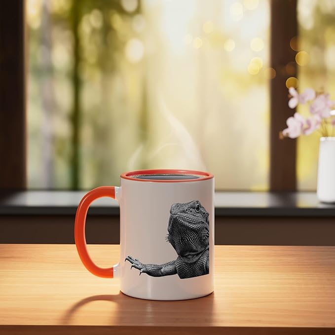 Bearded Dragon Alien Saucer Sci Fi Reptile Kids Ceramic Mug, Orange/White