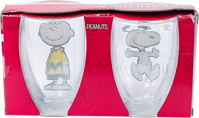 Silver Buffalo Peanuts Featuring Charlie Brown, Snoopy, and Woodstock 2 Pack Double Walled Glass Set, 12.5 Ounces