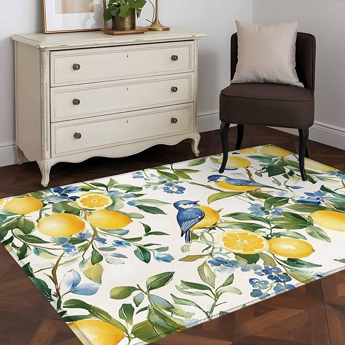 Area Rug 4x6ft, Pastoral Vintage Lemon Blue Bird Washable Rugs for Living Room Bedroom, Retro Yellow Fruit Flowers Soft Non-Slip Area Rugs Rectangle Floor Carpet for Dining Room