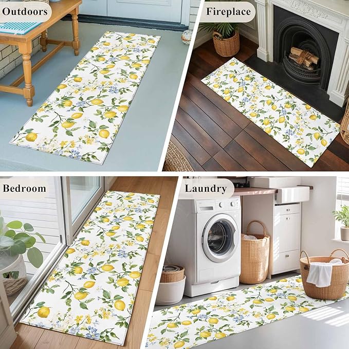 Runner Rug for Bedroom Hallway, Summer Watercolor Lemon Flower Kitchen Runner Rugs Area Rug 2x6ft, Spring Farm Fruit Green Leaf Washable Soft Floor Carpet for Entryway Stair