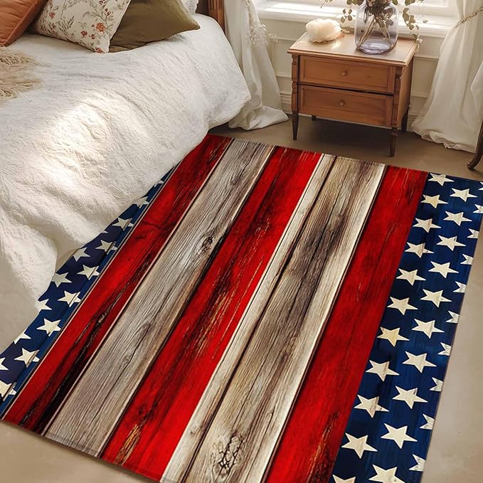 Area Rug 4x6ft, Vintage Stripes and Stars Washable Rugs for Living Room Bedroom, Patriotic 250th Anniversary Soft Non-Slip Area Rugs Rectangle Floor Carpet for Dining Room